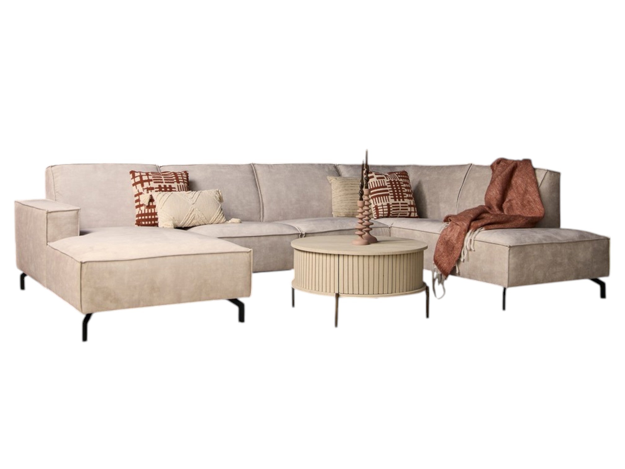Sofa Famous&Glamor – moderne Eckcouch mit Lounge links & Ottomane rechts, 2,5-Sitzer in Samt Hellbeige von MeinLieblingsplatz