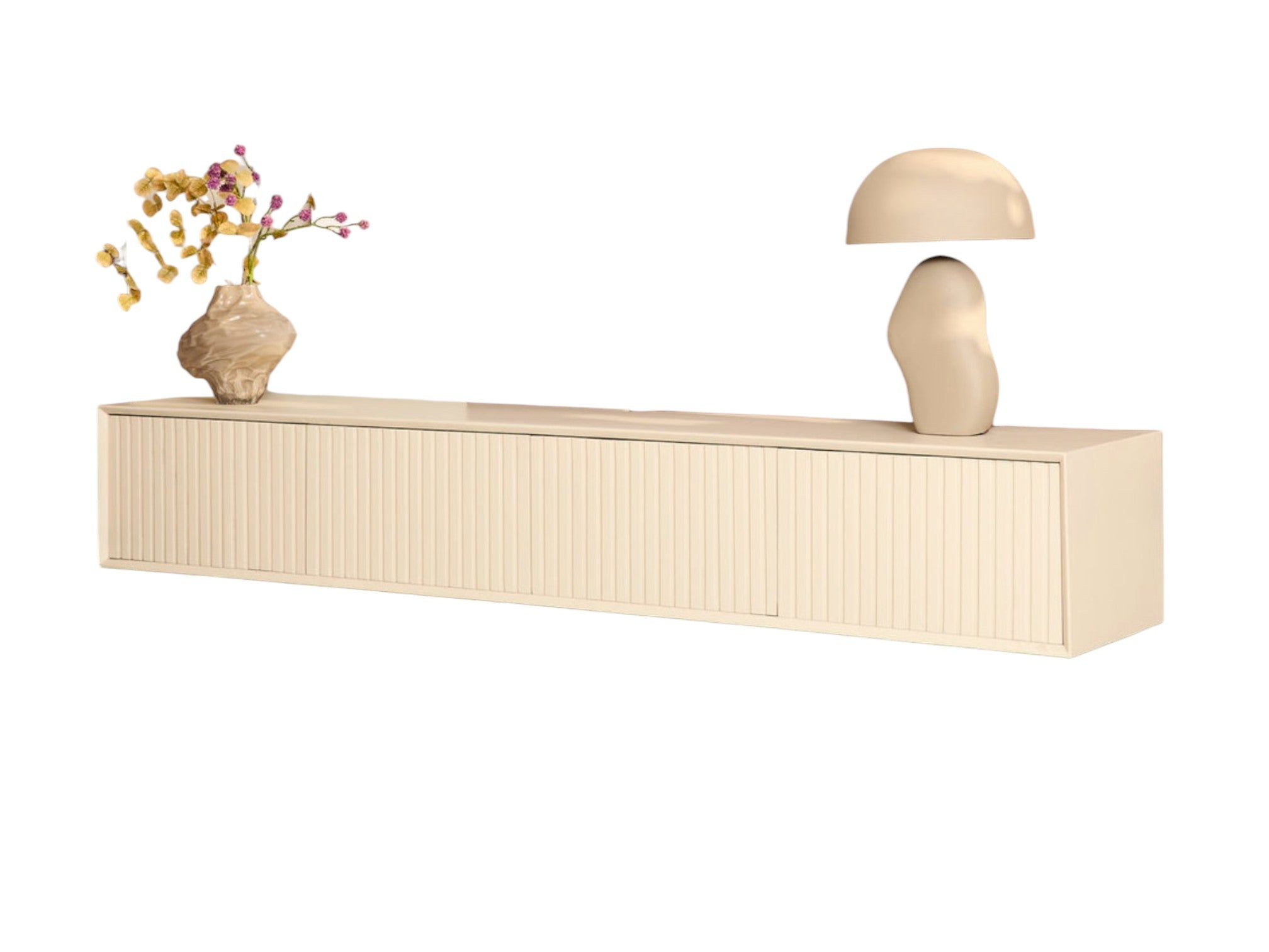 Schwebendes TV Board Mandy Sand 200x35x30 cm – modernes Mangoholz Lowboard mit Lamellenfront & Push-to-Open