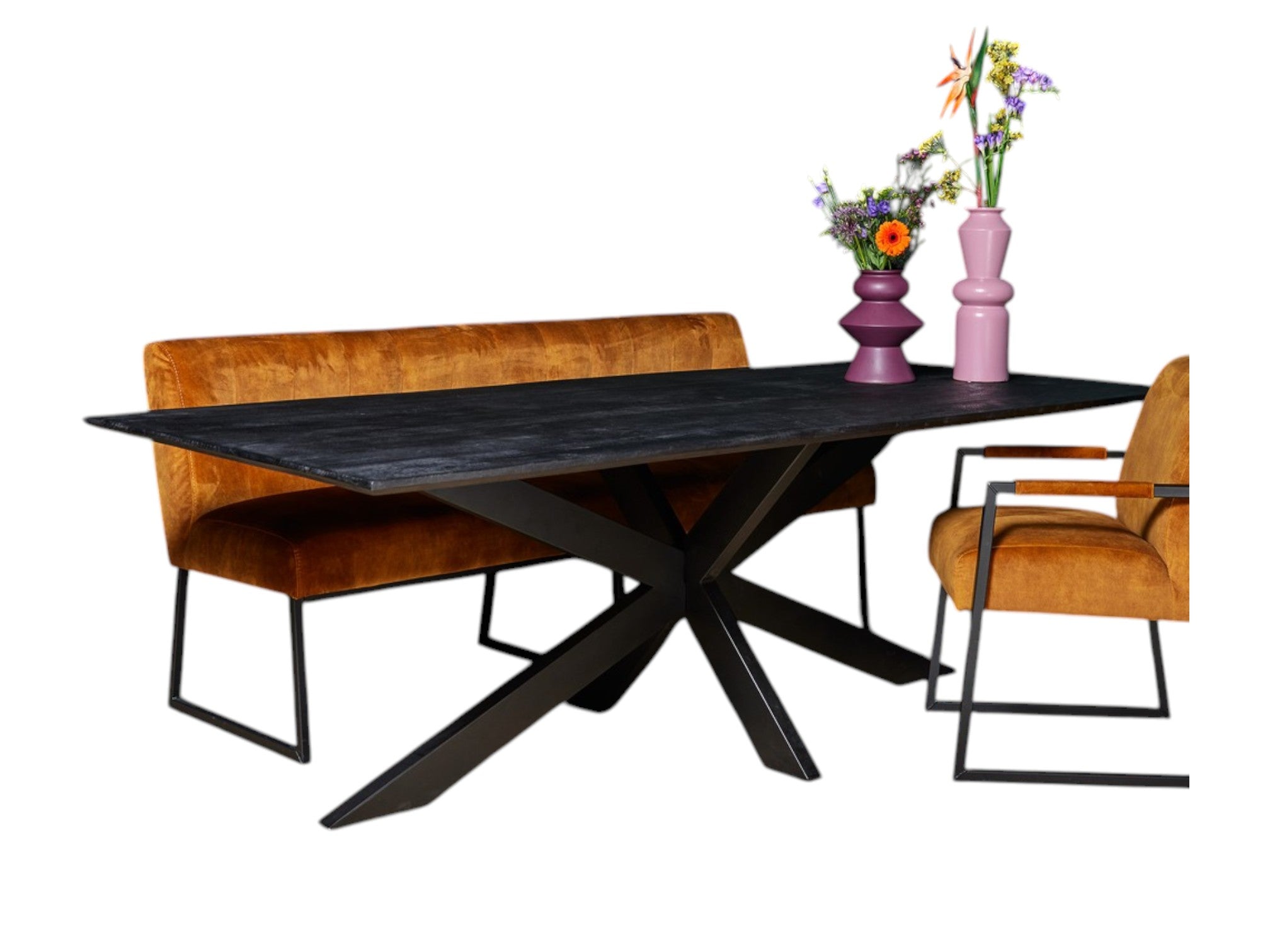 Esstisch Sydney Schwarz – Mangoholz Tisch 200×76×100 cm mit schwarzer Lackplatte & Matrix-Metallbeinen