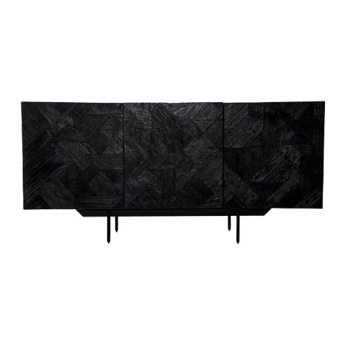 Sideboard Carvon Schwarz – Kommode aus massivem Mangoholz mit geschnitzten Türen & Metallgestell, 168 x 45 x 80 cm