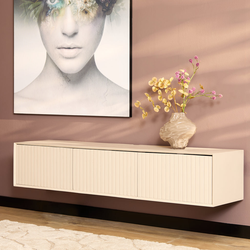 Schwebendes TV-Board Mandy Sand – Lowboard aus Mangoholz 160×30×35 cm mit Lamellen-Front & Push-to-Open-System