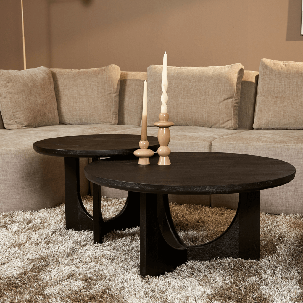 Couchtisch Nerio Schwarz – Mangoholz Ø80 cm, elegante Oberfläche, kombinierbar mit kleinerer Version