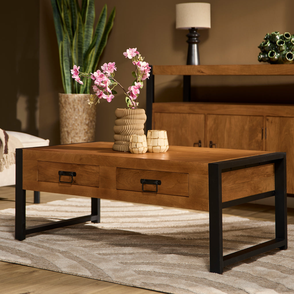 Beistelltisch Bori Natur – Mangoholz & Metall, klar/schwarz lackiert, 120×60×45 cm mit Schubladen