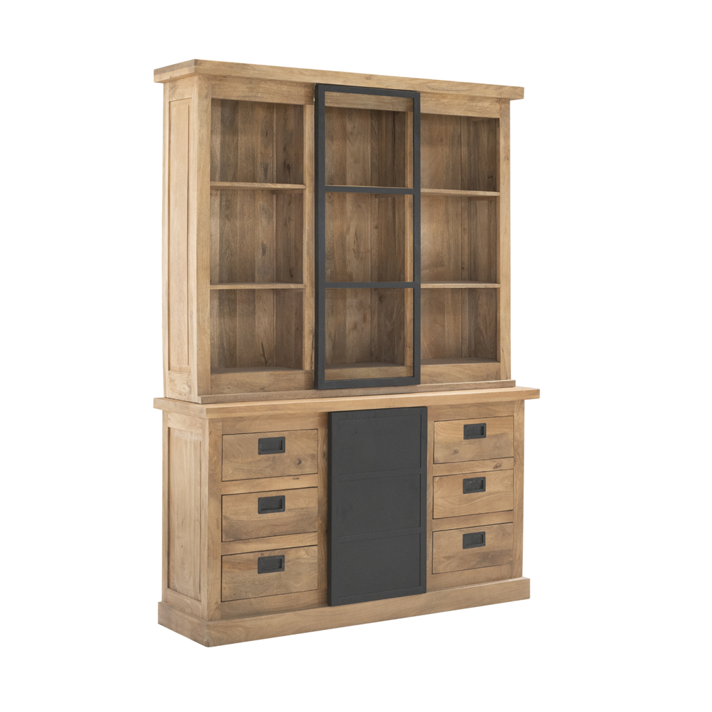 Vitrine Nizza – Mangoholzschrank mit schwarzen Metalltüren, 160×45×220 cm, 4 Türen & 6 Schubladen im modernen Design