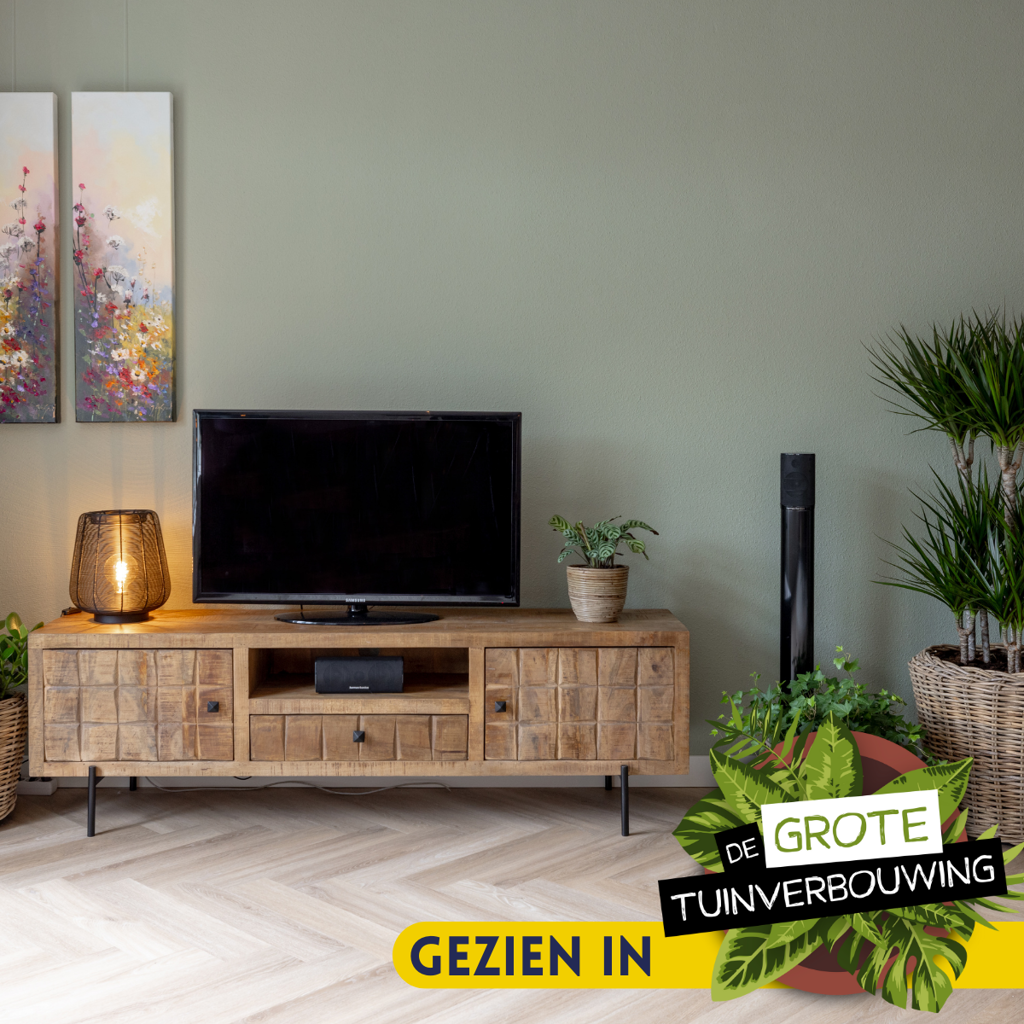 TV-Board Jacky Natur – Mangoholz mit Blockmuster, 180 x 40 x 55 cm