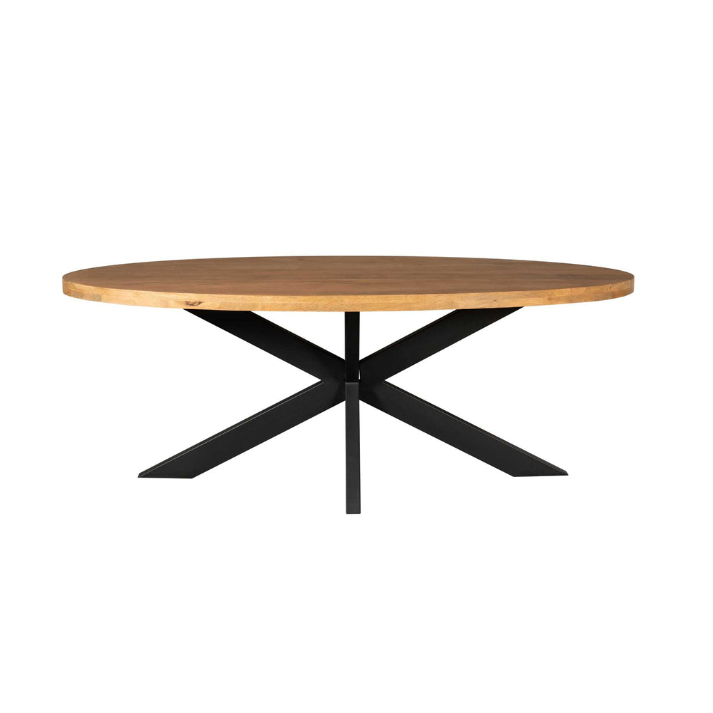 Esstisch Delta Natur Oval – Massivholztisch aus Mangoholz Natur mit schwarzem Matrixgestell, 160 x 90 x 76 cm, 6 cm Platte