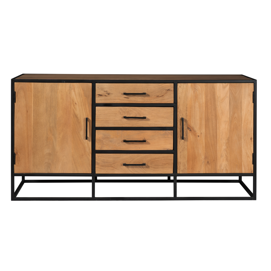 Sideboard Delta Natur 165x45x85 cm – Massive Mangoholz Kommode mit Metallgestell, 4 Schubladen & 2 Türen