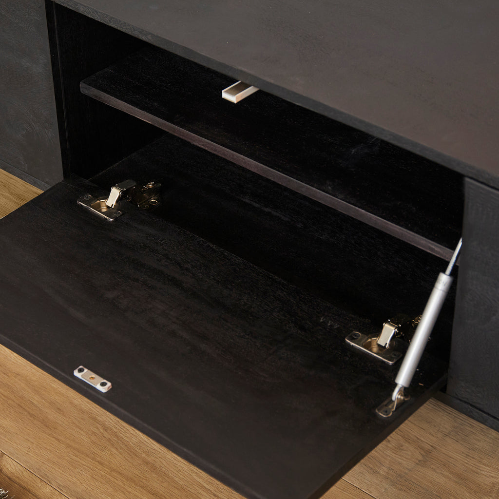 Schwebendes TV-Board Focus Schwarz – Mangoholz Lowboard 200×30×35 cm mit grifflosen Türen & Push-to-Open-System, Wandmontage