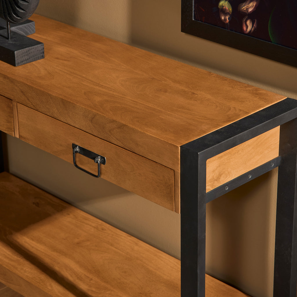 Konsolentisch Bori Natur – Mangoholz Sideboard mit 2 Schubladen & Metallrahmen 120×35×76 cm