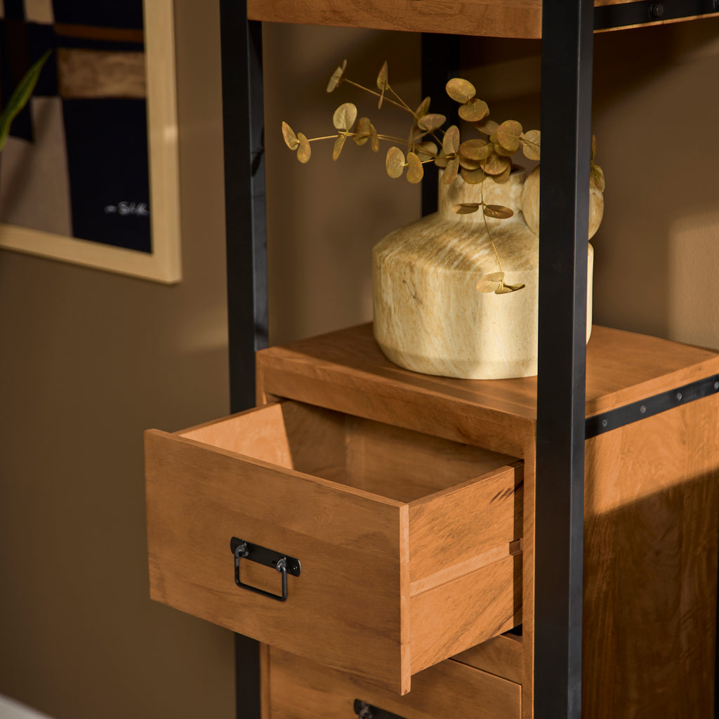 Bücherregal Bori Natur – Mangoholz & Metall, 55 x 40 x 200 cm