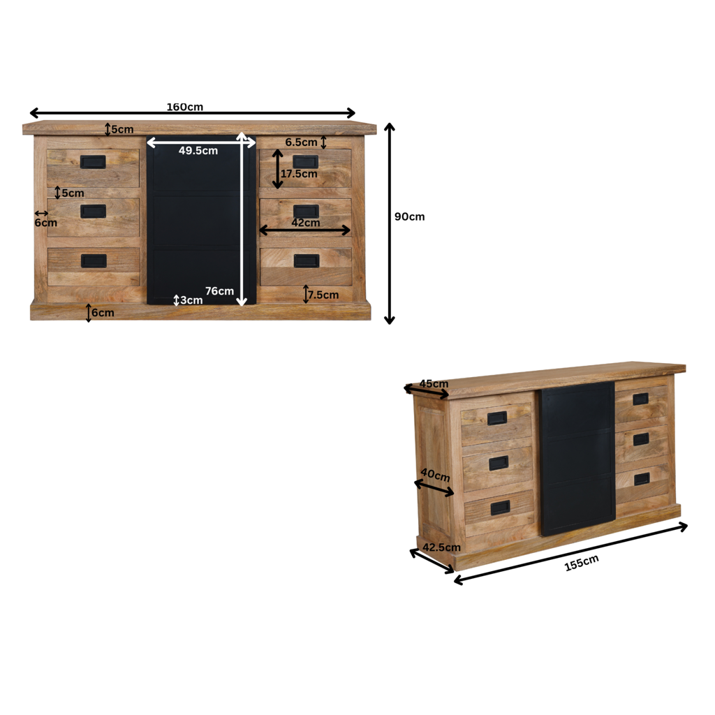 Bücherregal Bali Schwarz – Mangoholz mit modernem Design, 5 offene Fächer & 2 Türen mit Push-to-Open, 90 x 45 x 200 cm