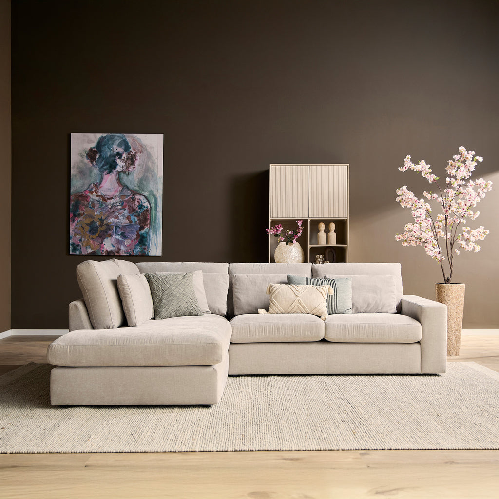 Ecksofa Jazz MeinLieblingsplatz – 2,5-Sitzer und Ottomane links in Toffee Farben, inkl. Kissen