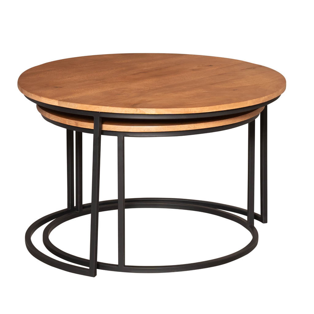 Mandy Naturel Couchtisch 2er-Set – Mangoholz & schwarzes Stahlgestell, 70x70x45 & 60x60x39 cm, modernes Design