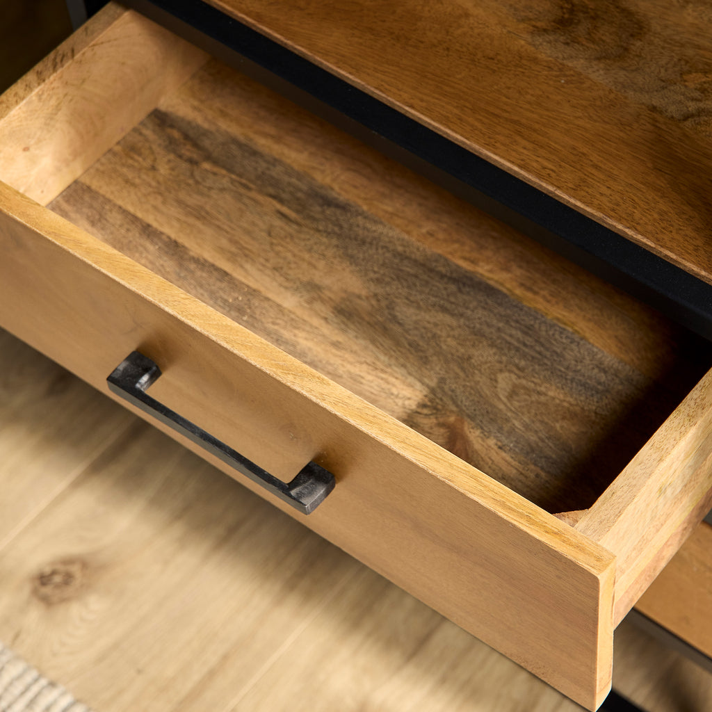 Bücherregal Delta Natur – Mangoholz Regal mit 2 Schubladen & Ablagen, 55×45×200 cm, Metallrahmen schwarz