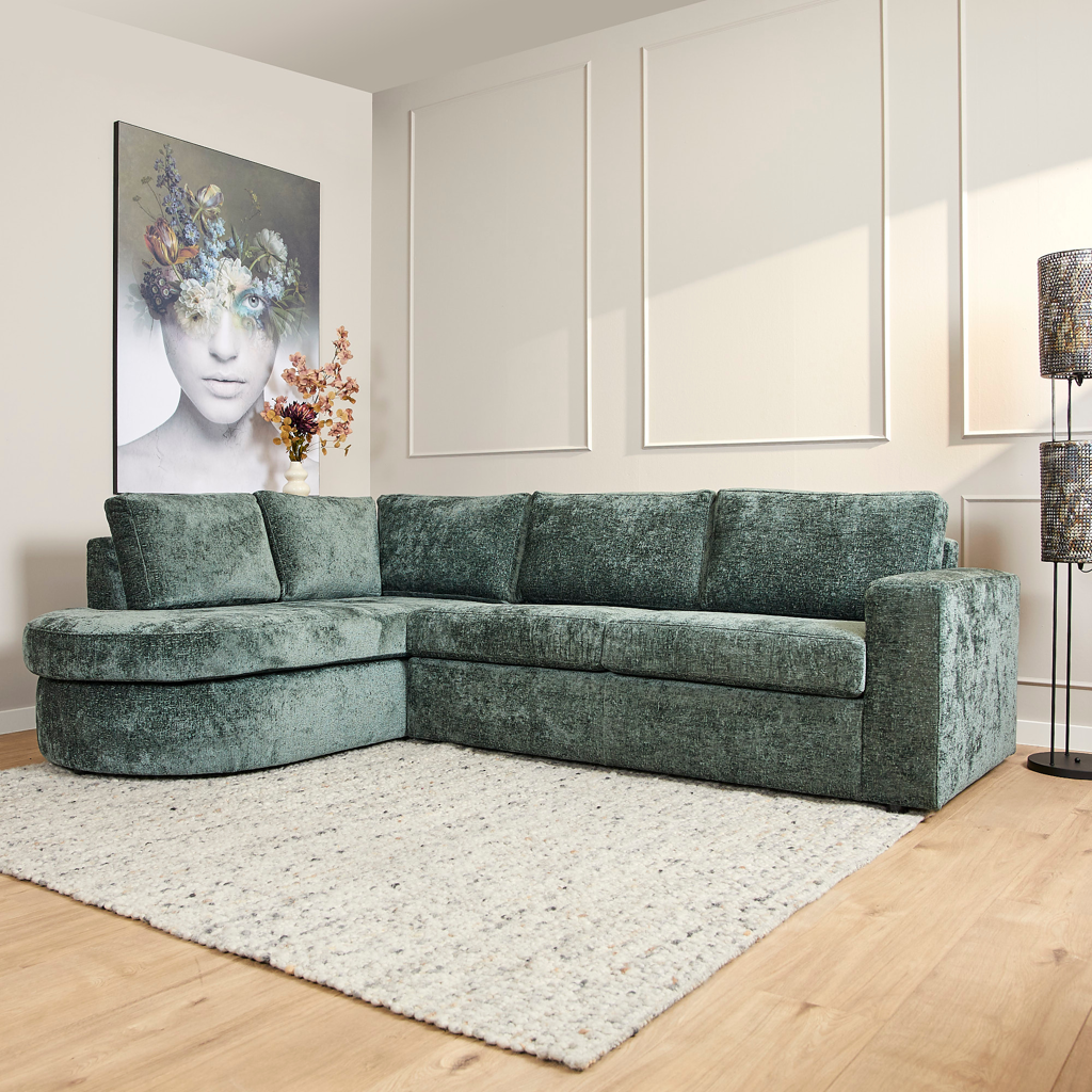 MeinLieblingsplatz Sofa Veronika – 2,5-Sitzer Couch mit Ottomane Links, Chenille Stoff Grün, 264 x 192 cm