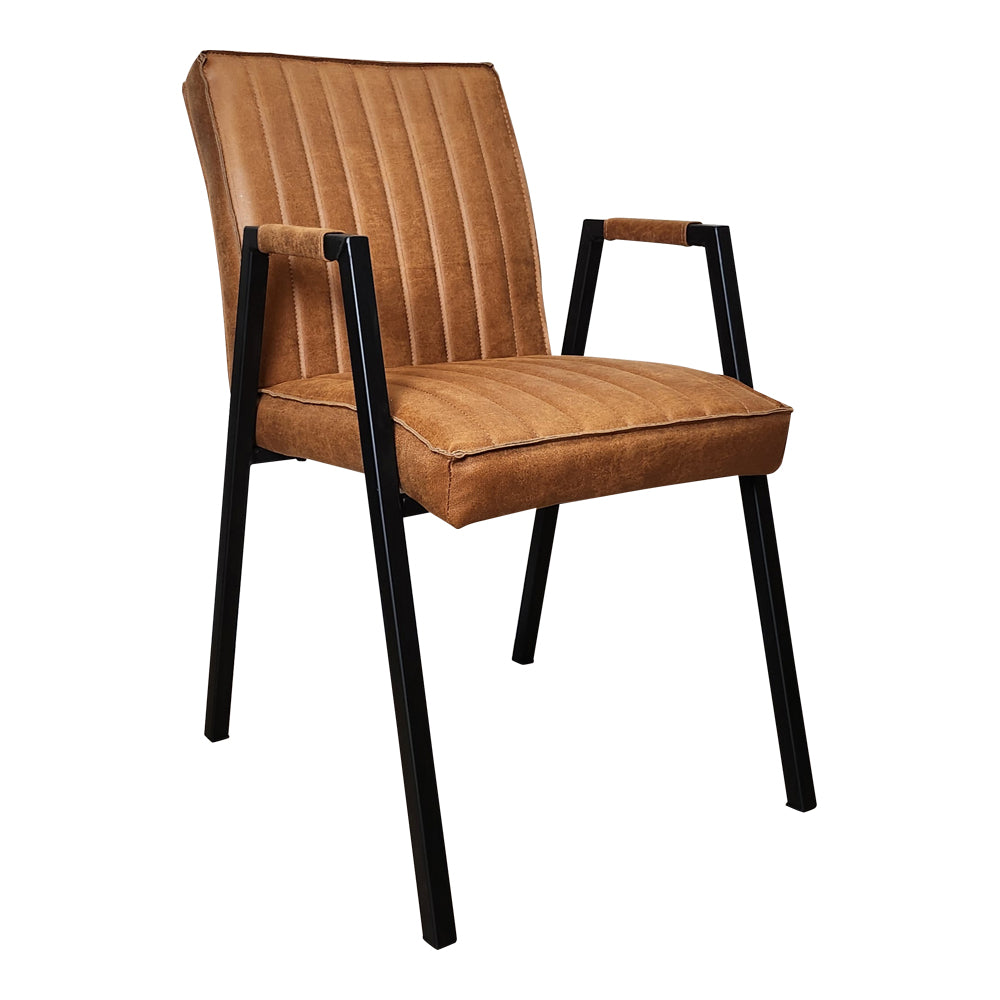 Stuhl Molly Cognac mit Armlehne – Esszimmerstuhl im Industrial Design aus Eco-Leder & schwarzem Metallgestell