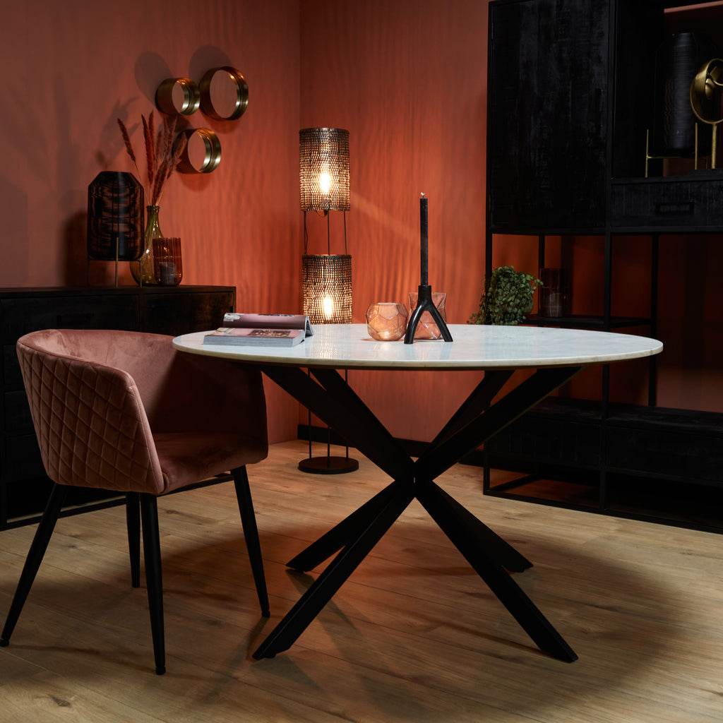 Esstisch Noire Ø130x76 cm – Runder Esstisch mit weißer Marmorplatte & schwarzem Metallgestell