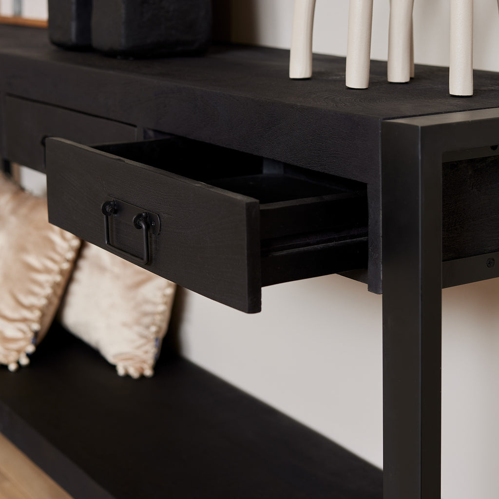Konsolentisch Bori Schwarz – Beistelltisch aus Mangoholz mit 4 Schubladen & schwarzen Metallakzenten, 180 x 35 x 76 cm