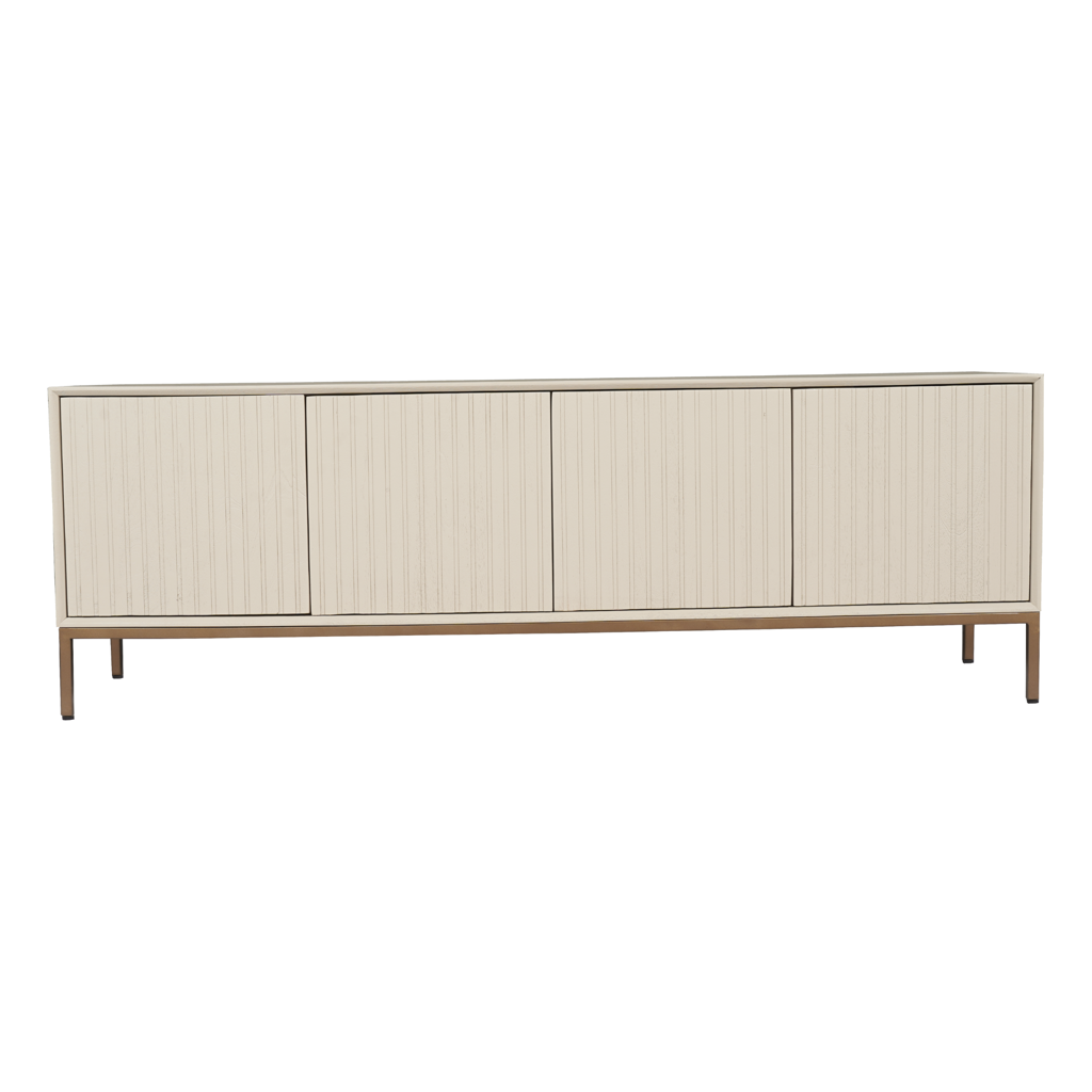 TV-Board Mandy Sand – Mangoholz sandgestrahlt mit bronzenem Metallgestell, grifflos mit Push-to-Open, 165 x 45 x 55 cm