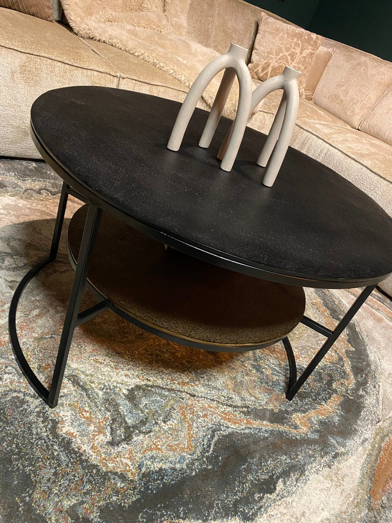 Couchtisch Liora – runder Aluminiumtisch mit Schwarz-Gold-Design, 80 x 80 x 50 cm