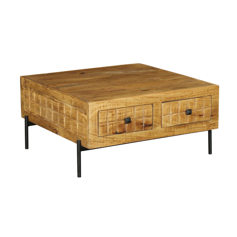 Couchtisch Jacky Natur  – Mangoholz, 4 Schubladen, 80 x 80 x 40 cm
