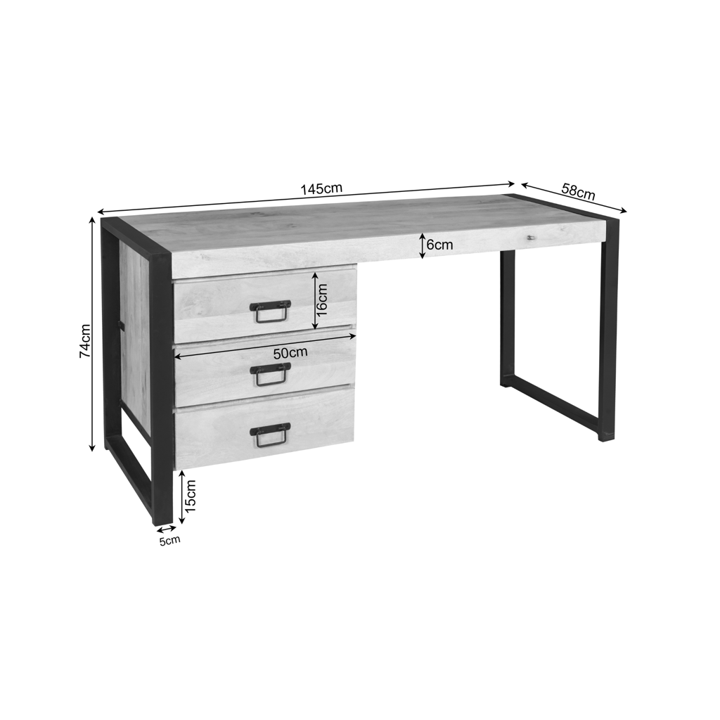 Schreibtisch Bori Natur 145x58x74 cm – Massivholz-Mangoholz Homeoffice-Tisch mit 3 Schubladen & schwarzen Metallgriffen