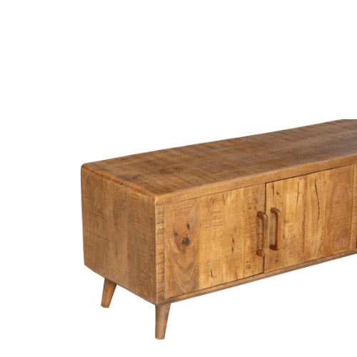 TV-Board Raven Natur – TV-Schrank aus Mangoholz 240×50×45 cm mit 2 offenen Fächern, 4 Türen & lackierten Holzstreifen im modernen Design