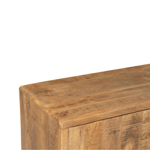 TV-Board Raven Natur – Mangoholz mit schwarzen Designelementen, 2 Türen & offene Fächer, 180 x 45 x 50 cm