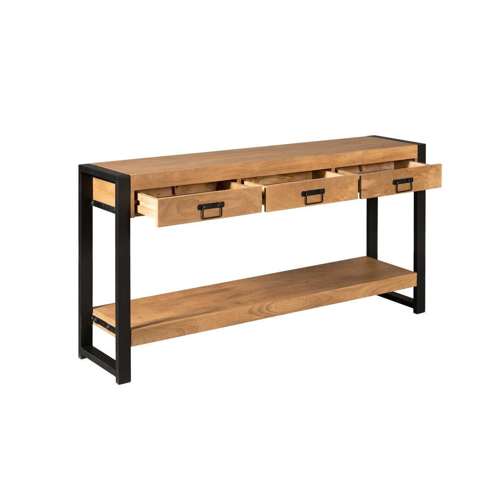 Konsolentisch Bori Natur – eleganter Tisch aus Mangoholz mit schwarzem Metallgestell & 3 Schubladen, 150 x 35 x 76 cm