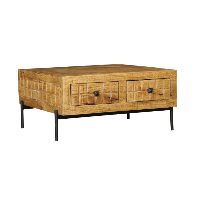 Couchtisch Jacky Natur  – Mangoholz, 4 Schubladen, 80 x 80 x 40 cm
