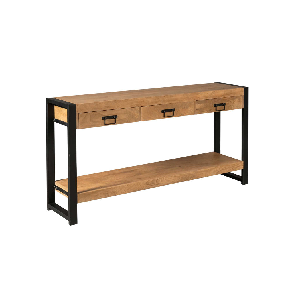 Konsolentisch Bori Natur – eleganter Tisch aus Mangoholz mit schwarzem Metallgestell & 3 Schubladen, 150 x 35 x 76 cm