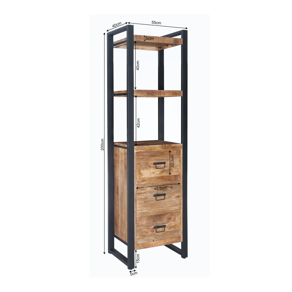 Bücherregal Bori Natur – Mangoholz & Metall, 55 x 40 x 200 cm