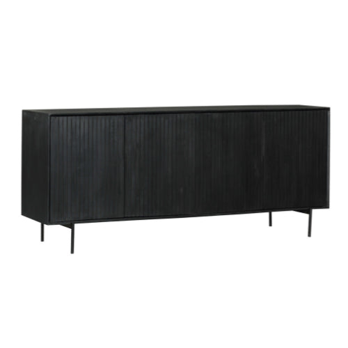 Sideboard Mandy Schwarz – Mangoholz mit Metallrahmen, 4 Türen im Lamellen-Design, modernes Lowboard 210 x 45 x 85 cm