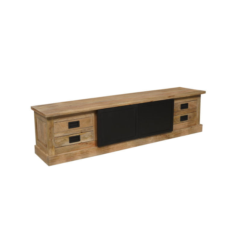 TV-Board Nizza 200 x 45 x 50 cm – Mangoholz & schwarze Metalltüren, mit 2 Türen & 4 Schubladen