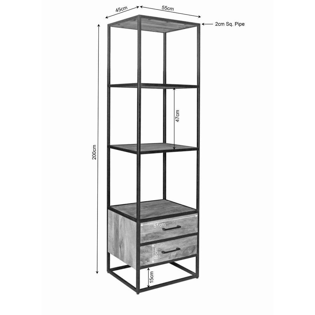 Bücherregal Delta Natur – Mangoholz Regal mit 2 Schubladen & Ablagen, 55×45×200 cm, Metallrahmen schwarz