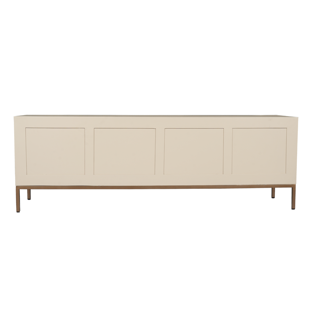 TV-Board Mandy Sand – Mangoholz sandgestrahlt mit bronzenem Metallgestell, grifflos mit Push-to-Open, 165 x 45 x 55 cm