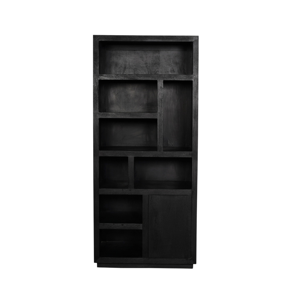 Bücherregal Bali Schwarz – Mangoholz mit modernem Design, 5 offene Fächer & 2 Türen mit Push-to-Open, 90 x 45 x 200 cm
