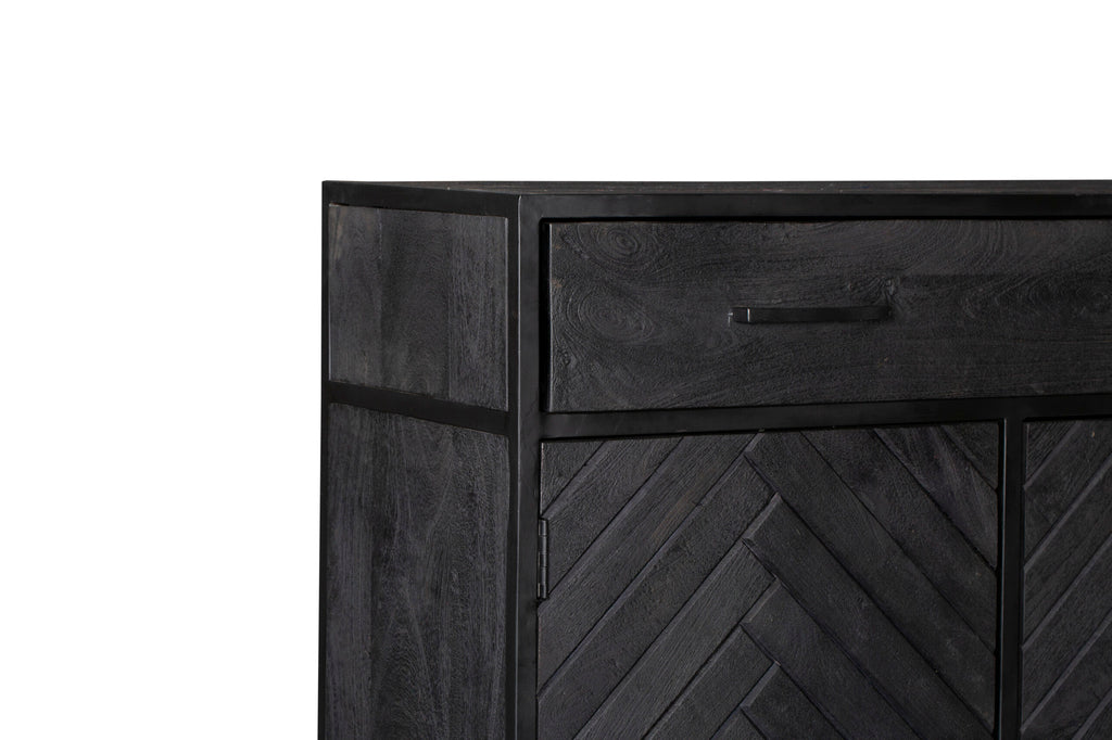 Highboard Sydney – Mangoholz Schrank mit Fischgrätenmuster & Metallgestell 100×40×115 cm