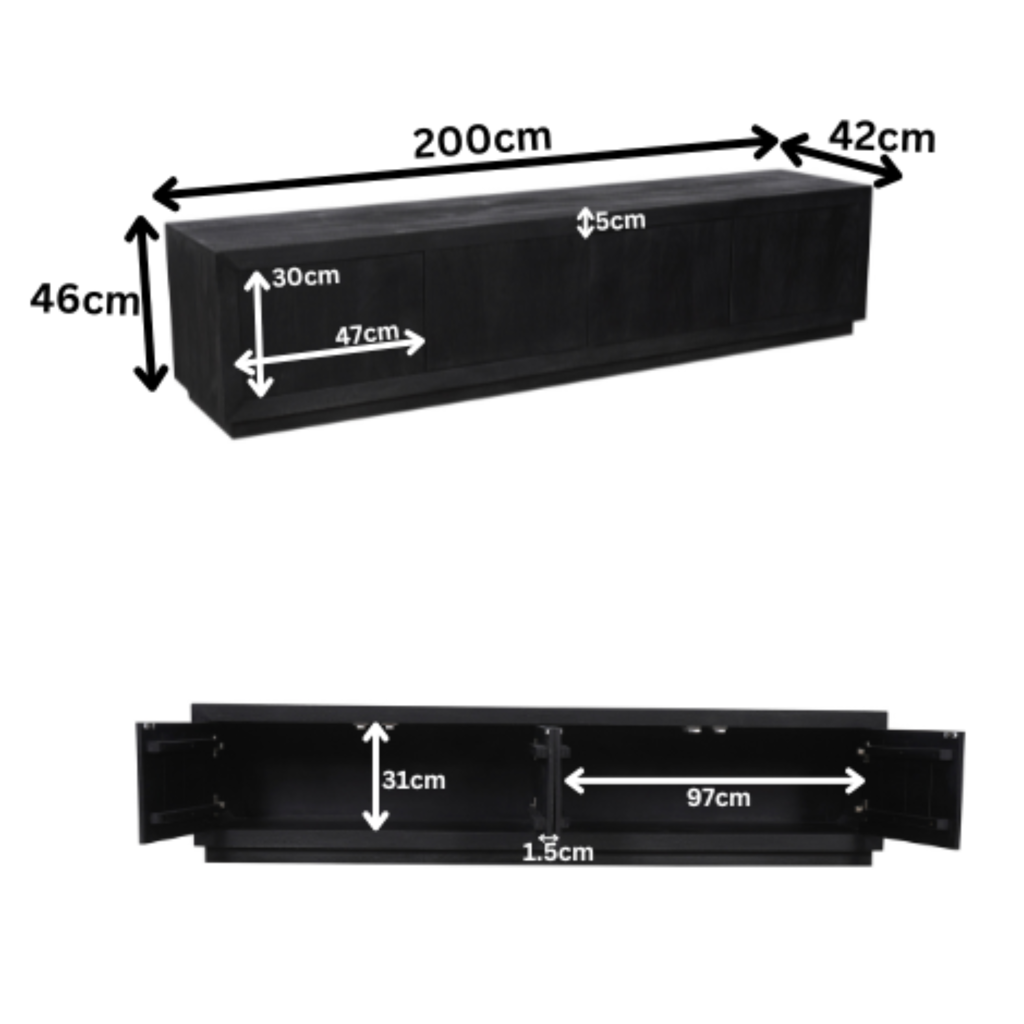 TV-Board Bali Schwarz – Lowboard aus Mangoholz mit 4 Türen & Push-to-Open, modernes TV-Möbel 200 x 42 x 46 cm