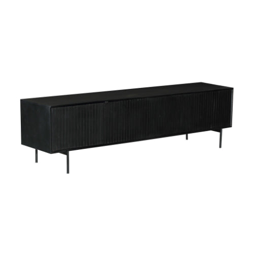 TV-Schrank Mandy Schwarz – Mangoholz TV-Board mit Metallrahmen & Lamellen-Front, 210×55×45 cm, 4 Türen im modernen Design