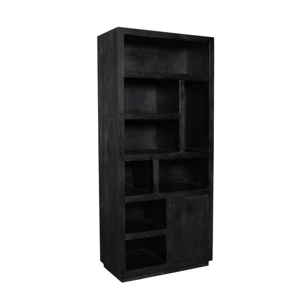 Bücherregal Bali Schwarz – Mangoholz mit modernem Design, 5 offene Fächer & 2 Türen mit Push-to-Open, 90 x 45 x 200 cm