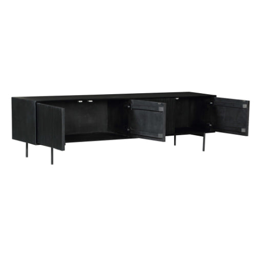 TV-Schrank Mandy Schwarz – Mangoholz TV-Board mit Metallrahmen & Lamellen-Front, 210×55×45 cm, 4 Türen im modernen Design