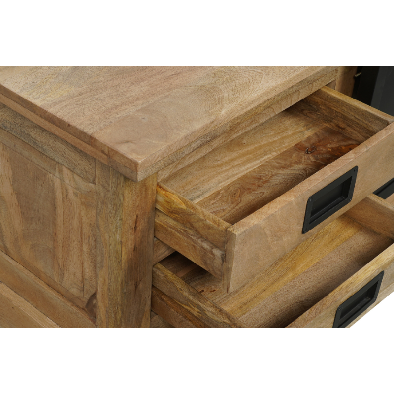 TV-Board Nizza 200 x 45 x 50 cm – Mangoholz & schwarze Metalltüren, mit 2 Türen & 4 Schubladen