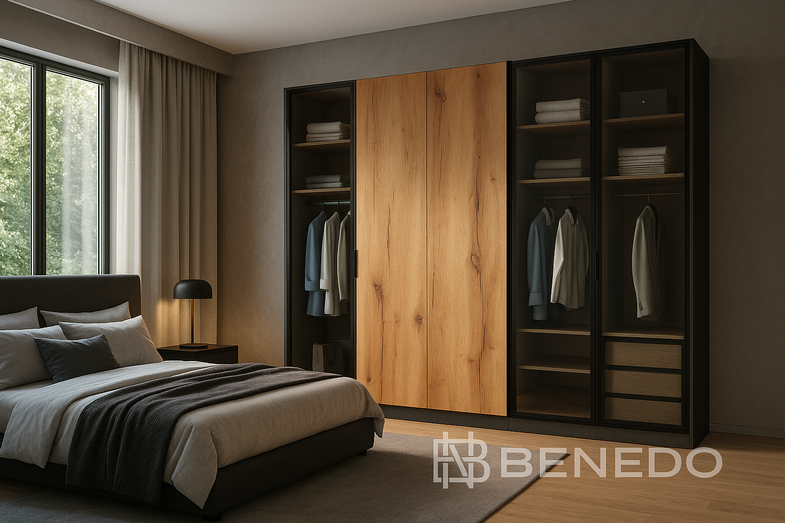 Kleiderschrank Natura 300 cm – Glas & Holz, LED, nachhaltig