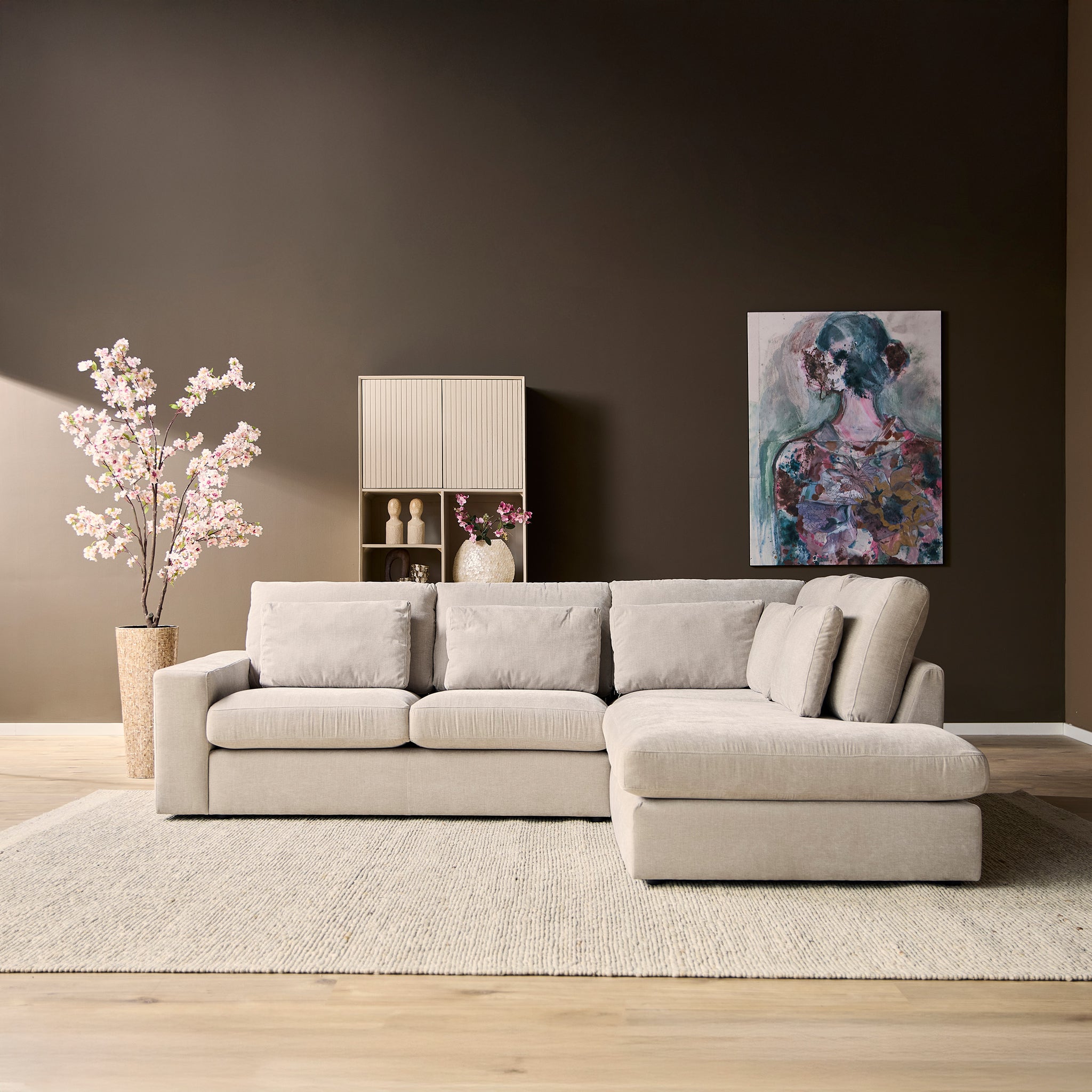 Ecksofa Jazz MeinLieblingsplatz – 2,5-Sitzer und Ottomane rechts in Beige, inkl. Kissen