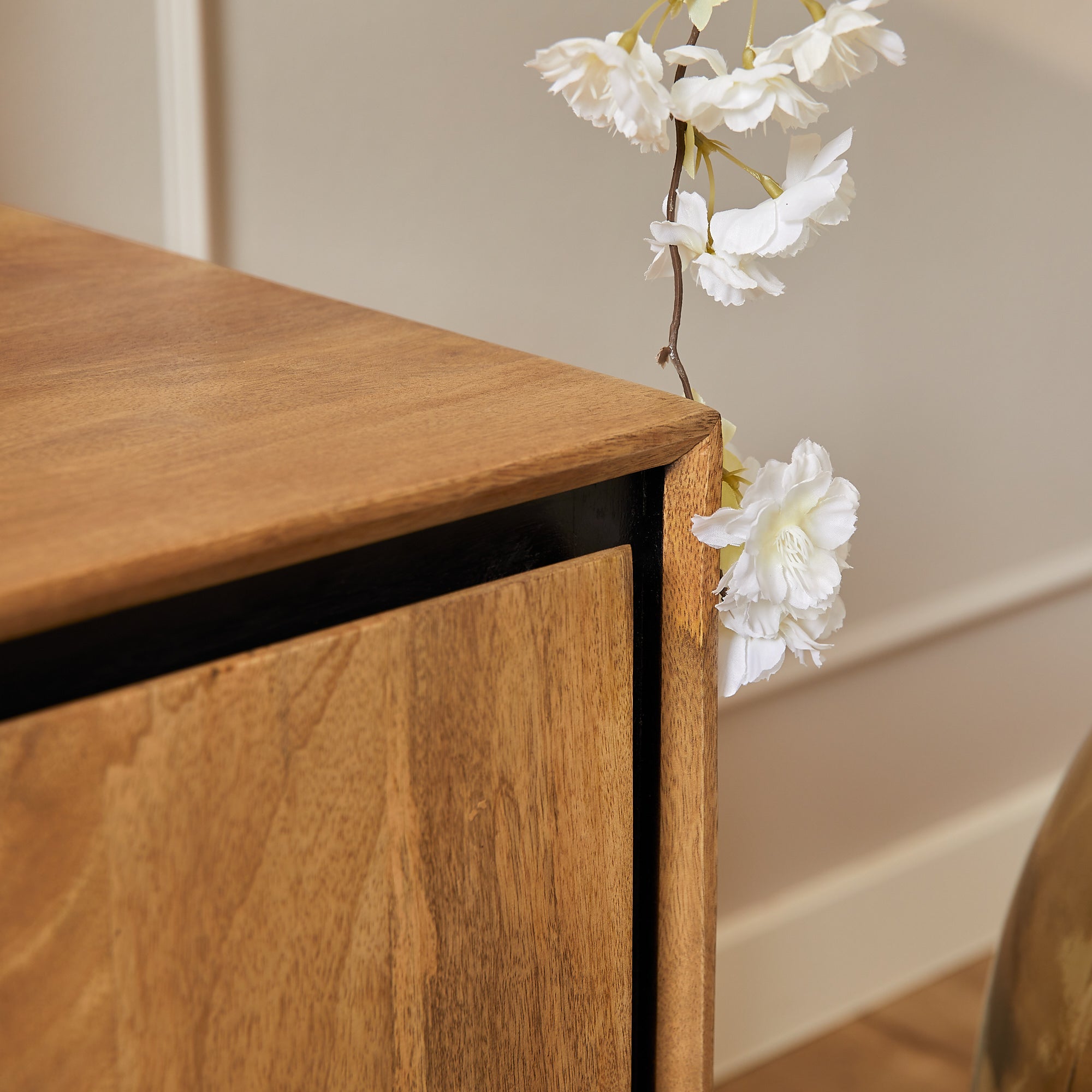 TV-Kommode Rois – Mangoholz Lowboard mit schwarzem Metallrahmen, 120×55×45 cm, 2 grifflosen Türen im modernen Design