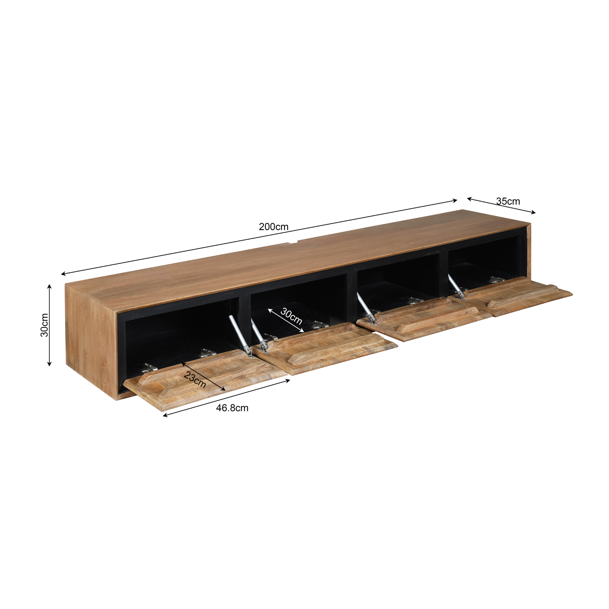 Schwebendes TV Board Rois 200x35x30 cm – Mangoholz Lowboard mit Strukturfront, 4 grifflosen Türen & schwarzem Metall