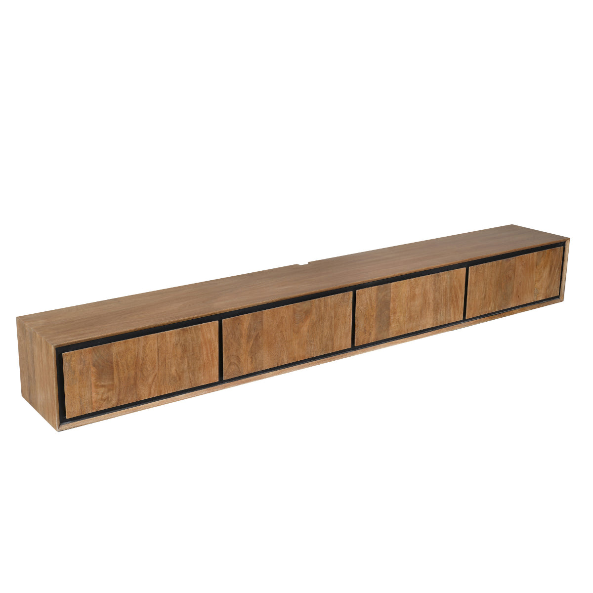 Schwebendes TV Board Rois – Mangoholz & Metall, 240 x 35 x 30 cm, 4 grifflose Türen, modernes Design