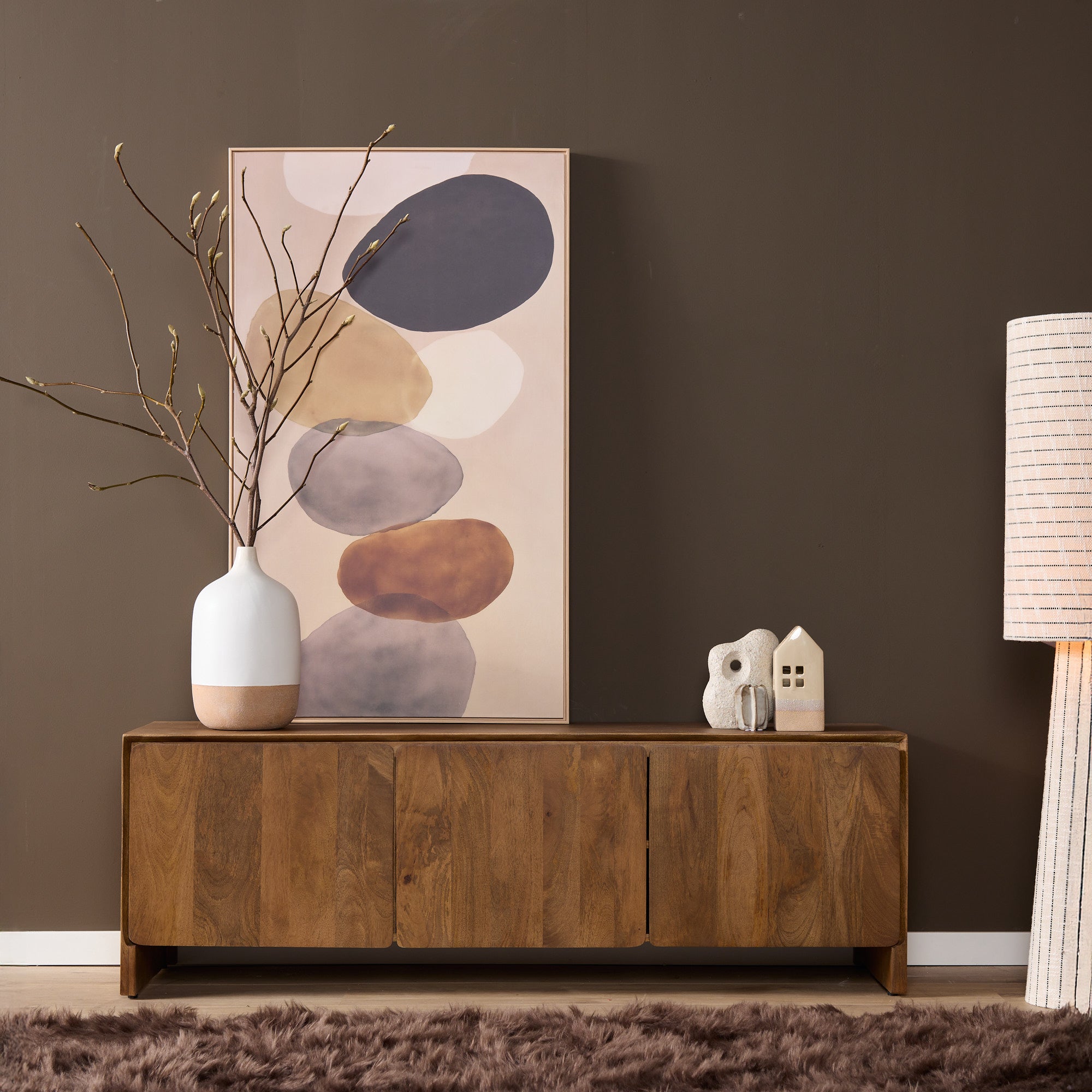 TV Board TeyTey 150x40x50 cm – Mangoholz Lowboard in Natur mit 3 Türen & minimalistischem Design