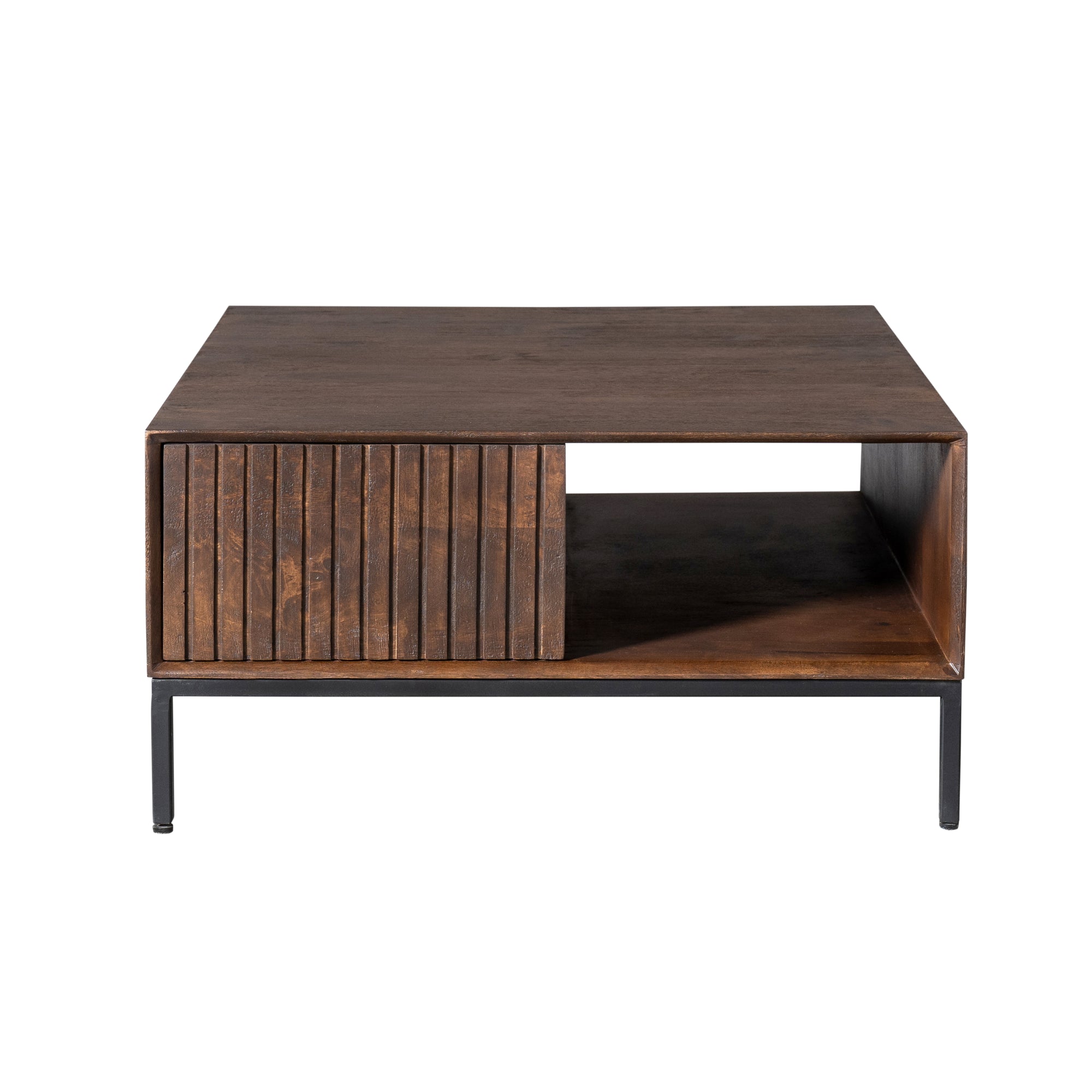 Couchtisch Mandy Braun – Mangoholz, braune Oberfläche, Metallbeine, 80 x 80 x 40 cm, offenes Fach & 2 Schubladen